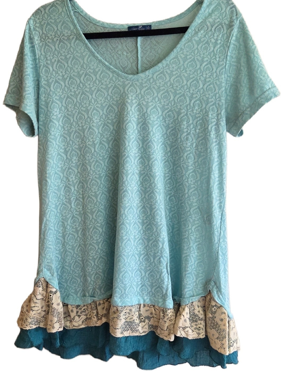 Aster Blue Light Aqua Lace-Trim Short Sleeve Top Size XL